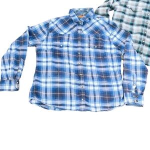 Jachs Girlfriend Bea Women’s Large Blue Plaid Flannel Pearl Snap Closure Shirt